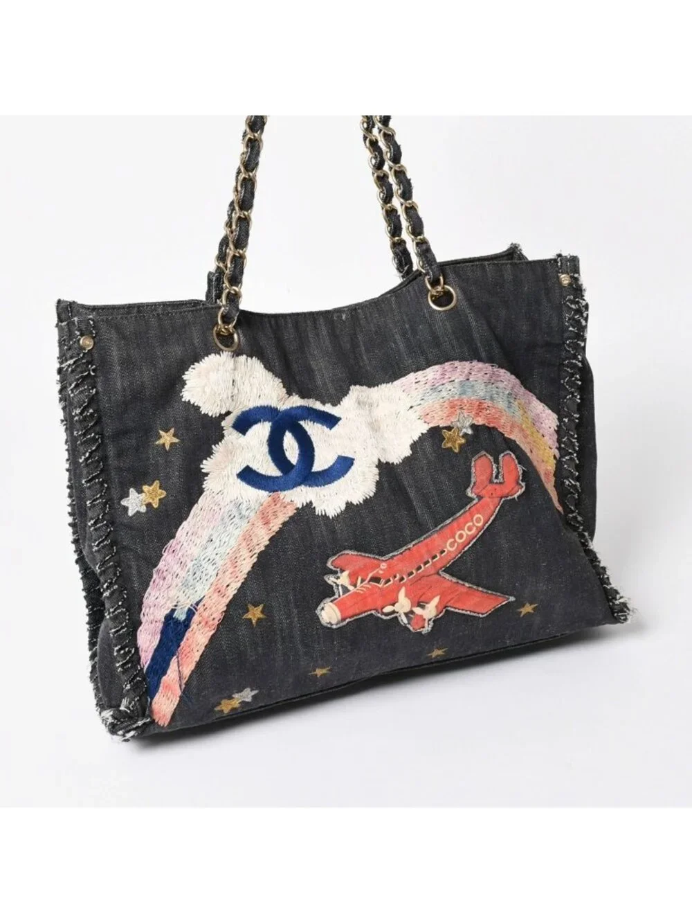 Chanel Chain Tote Bag Night Flight Embroidery CC Logo Denim